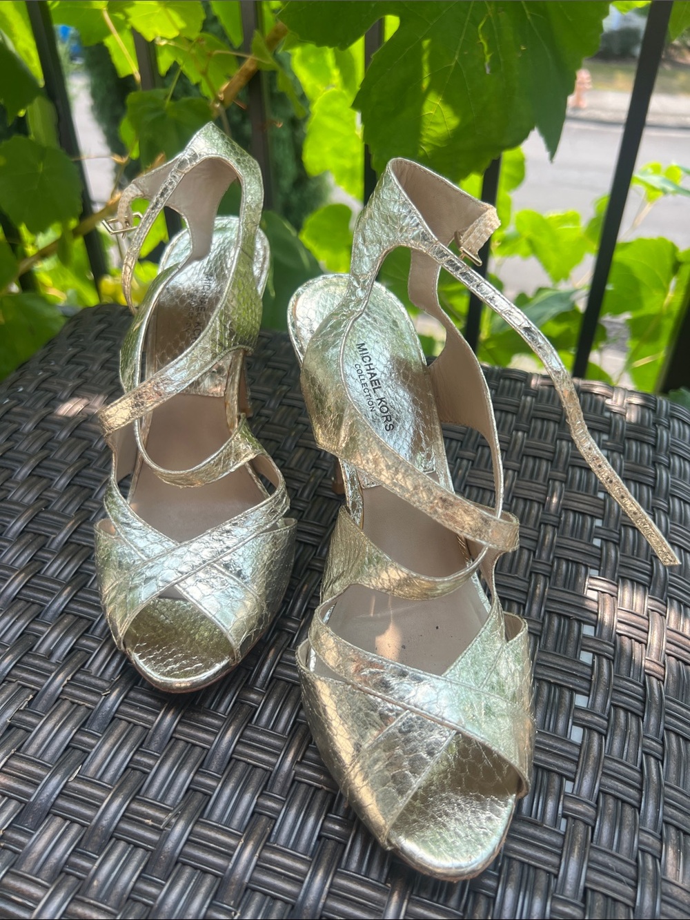 Michael Kors Gold Strappy Metallic Leather Heels